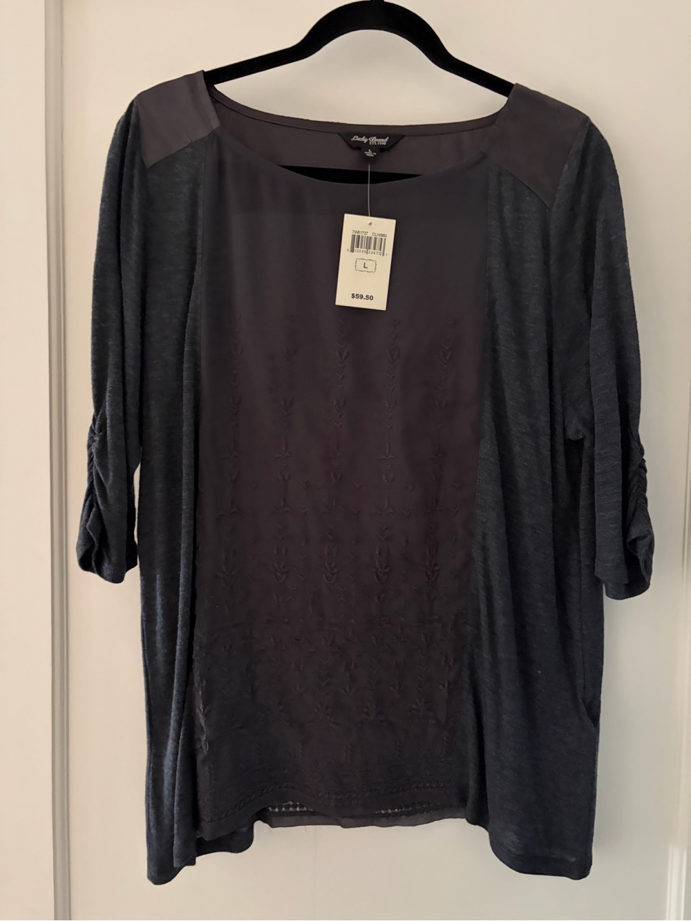 Lucky Brand Charcoal Embroidered Front 3/4 Sleeve Blouse